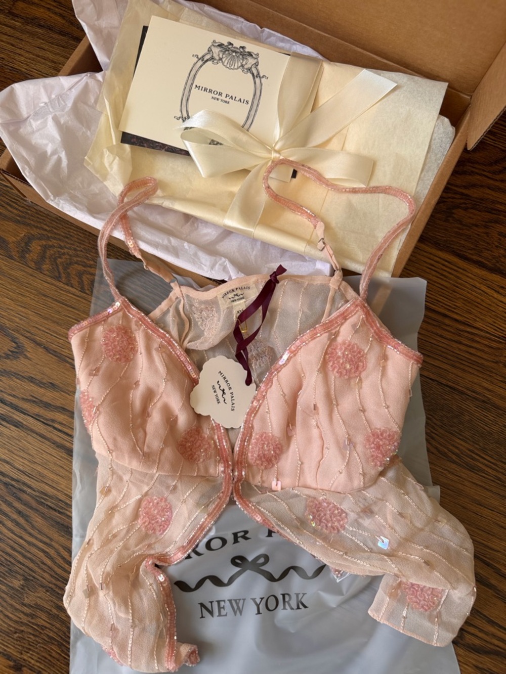 Mirror Palais Beaded Pink Sheer Embroidered Camisole - Picture 2 of 5